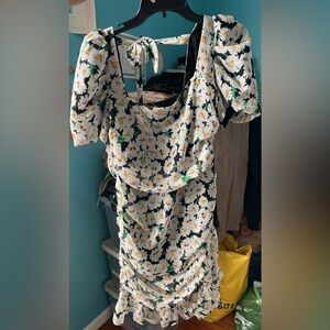 Black and White Ruched Puff Sleeve Mini Dress